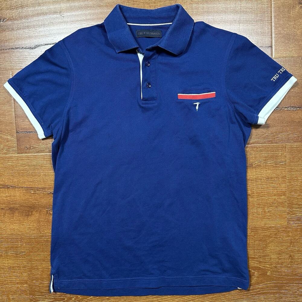 Trussardi Polo Shirt Mens S Blue Short Sleeve Pocket Designer Preppy City Luxury
